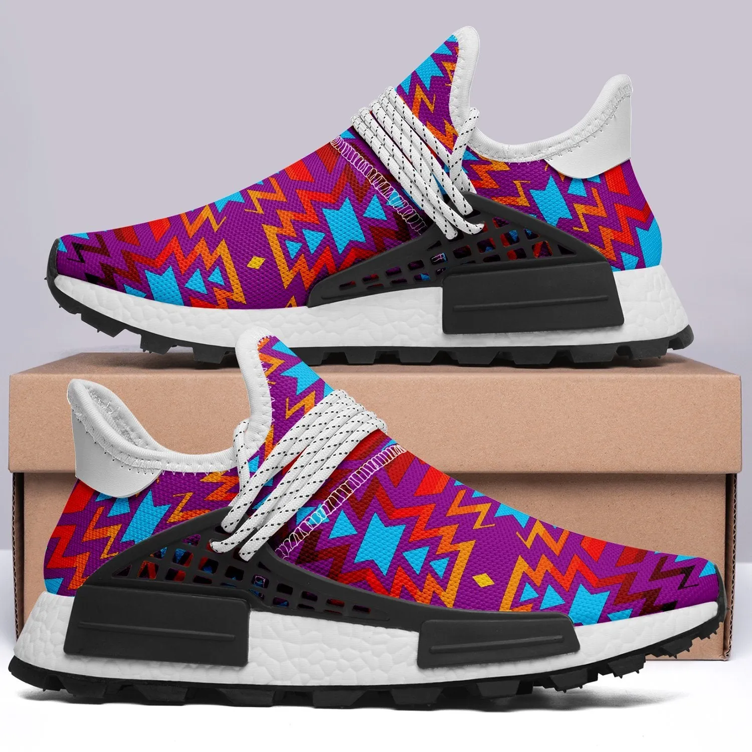 Big Pattern Fire Colors and Turquoise Purple Okaki Sneakers