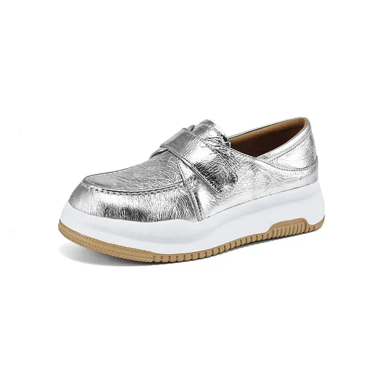 binfenxie NEW Autumn Women Loafers Genuine Leather Shoes for Women Round Toe Thick Heel Shoes Casual Platform Hook&loop Silver Shoes Women