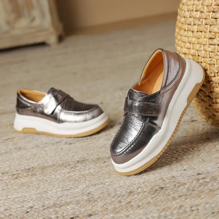 binfenxie NEW Autumn Women Loafers Genuine Leather Shoes for Women Round Toe Thick Heel Shoes Casual Platform Hook&loop Silver Shoes Women
