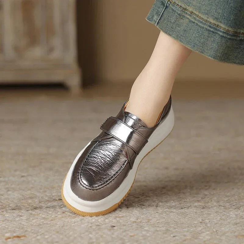 binfenxie NEW Autumn Women Loafers Genuine Leather Shoes for Women Round Toe Thick Heel Shoes Casual Platform Hook&loop Silver Shoes Women