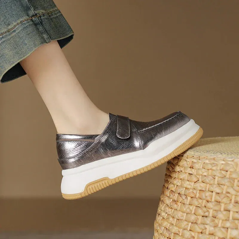 binfenxie NEW Autumn Women Loafers Genuine Leather Shoes for Women Round Toe Thick Heel Shoes Casual Platform Hook&loop Silver Shoes Women