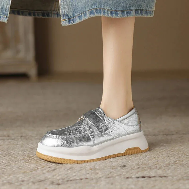binfenxie NEW Autumn Women Loafers Genuine Leather Shoes for Women Round Toe Thick Heel Shoes Casual Platform Hook&loop Silver Shoes Women