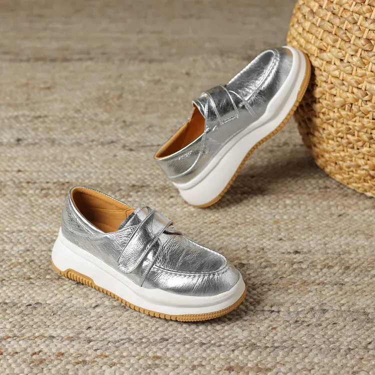 binfenxie NEW Autumn Women Loafers Genuine Leather Shoes for Women Round Toe Thick Heel Shoes Casual Platform Hook&loop Silver Shoes Women