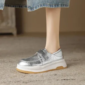 binfenxie NEW Autumn Women Loafers Genuine Leather Shoes for Women Round Toe Thick Heel Shoes Casual Platform Hook&loop Silver Shoes Women