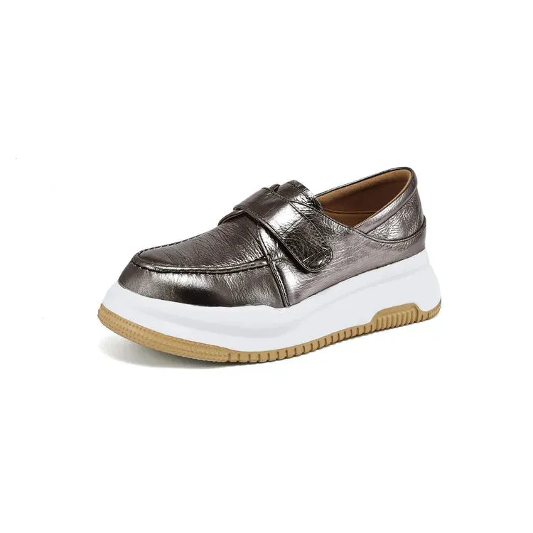 binfenxie NEW Autumn Women Loafers Genuine Leather Shoes for Women Round Toe Thick Heel Shoes Casual Platform Hook&loop Silver Shoes Women