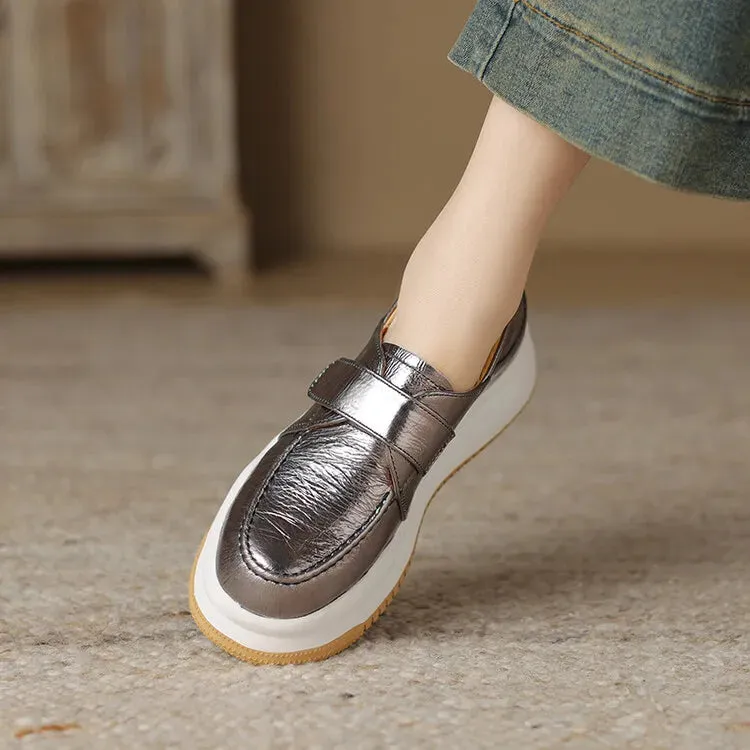 binfenxie NEW Autumn Women Loafers Genuine Leather Shoes for Women Round Toe Thick Heel Shoes Casual Platform Hook&loop Silver Shoes Women