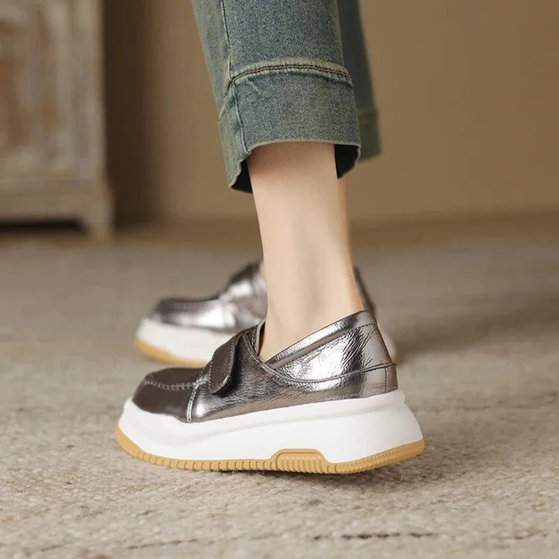 binfenxie NEW Autumn Women Loafers Genuine Leather Shoes for Women Round Toe Thick Heel Shoes Casual Platform Hook&loop Silver Shoes Women