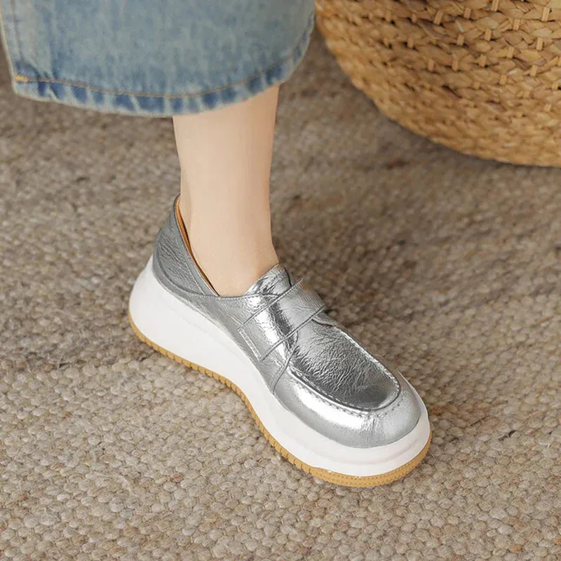 binfenxie NEW Autumn Women Loafers Genuine Leather Shoes for Women Round Toe Thick Heel Shoes Casual Platform Hook&loop Silver Shoes Women