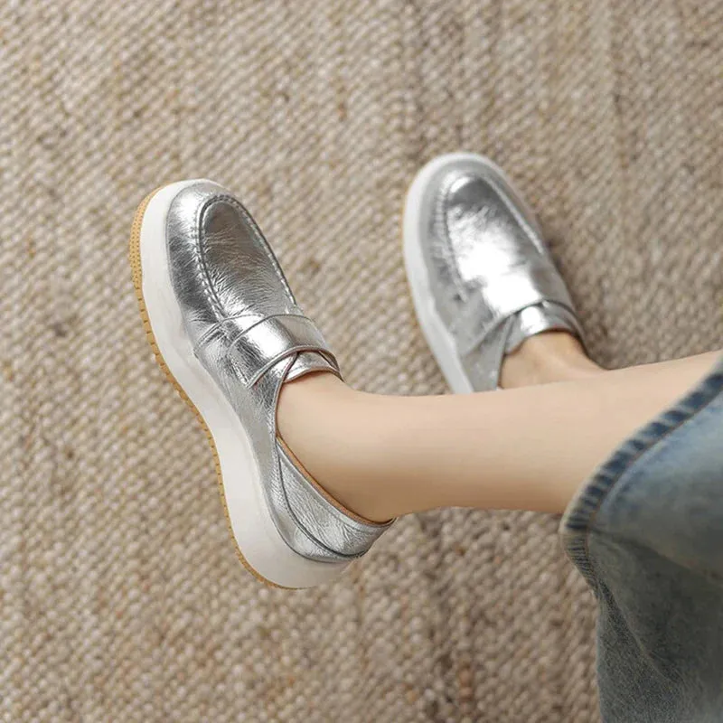 binfenxie NEW Autumn Women Loafers Genuine Leather Shoes for Women Round Toe Thick Heel Shoes Casual Platform Hook&loop Silver Shoes Women