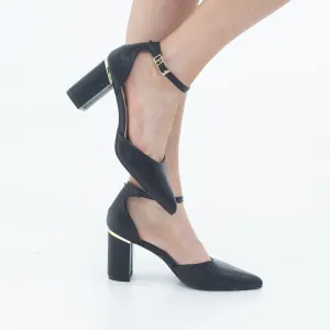 Chandri open waist pointy on 8cm block heel PU black