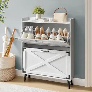 essential Farmhouse Shoe Cabinet with Barn Doors & 2 Flip Drawers, Wood Shoe Storage Rack Organizer Holds 16 Pairs Shoes for Entryway/Hallway/Closet, Brown