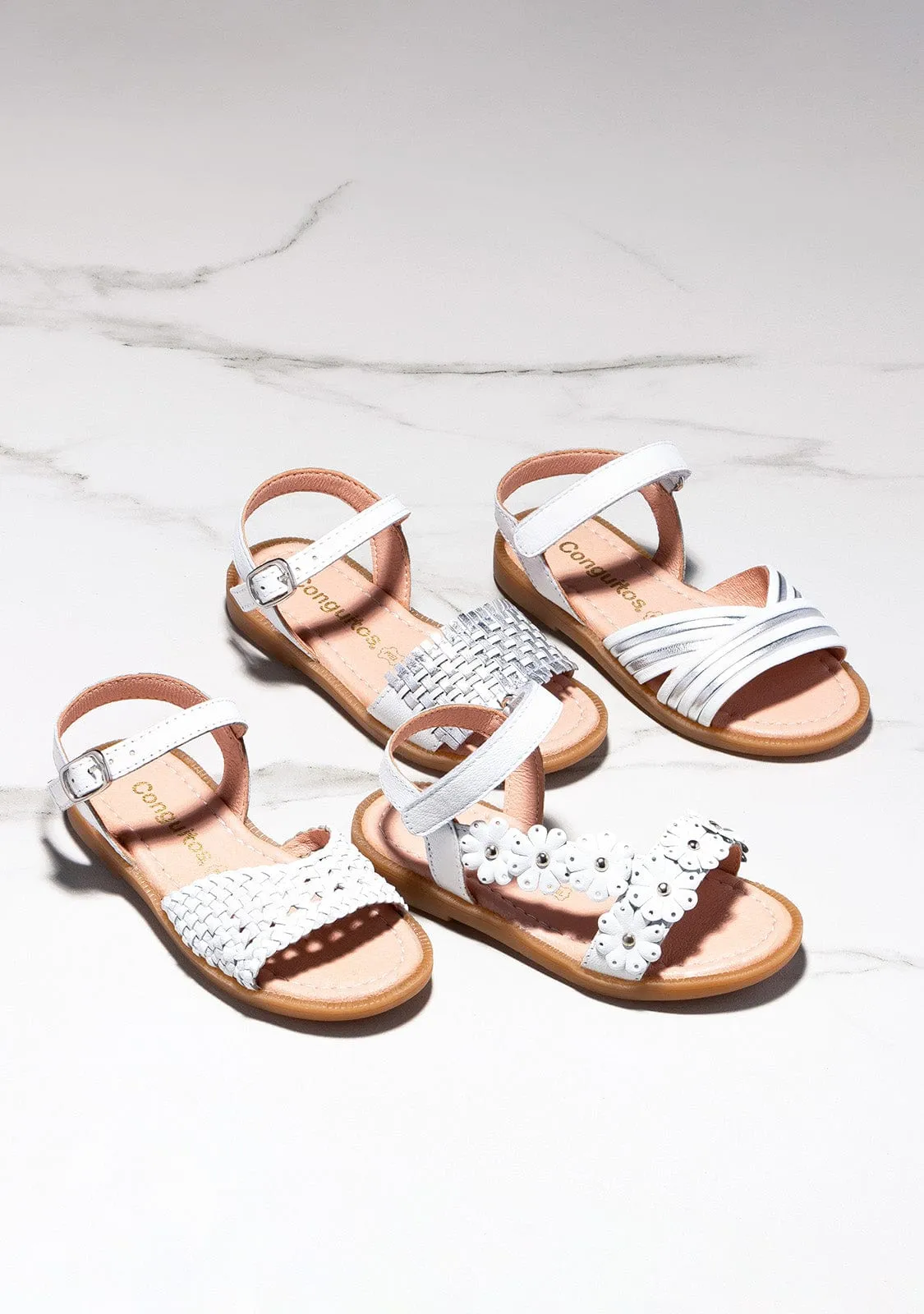 Girl's White Daisy Leather Sandals