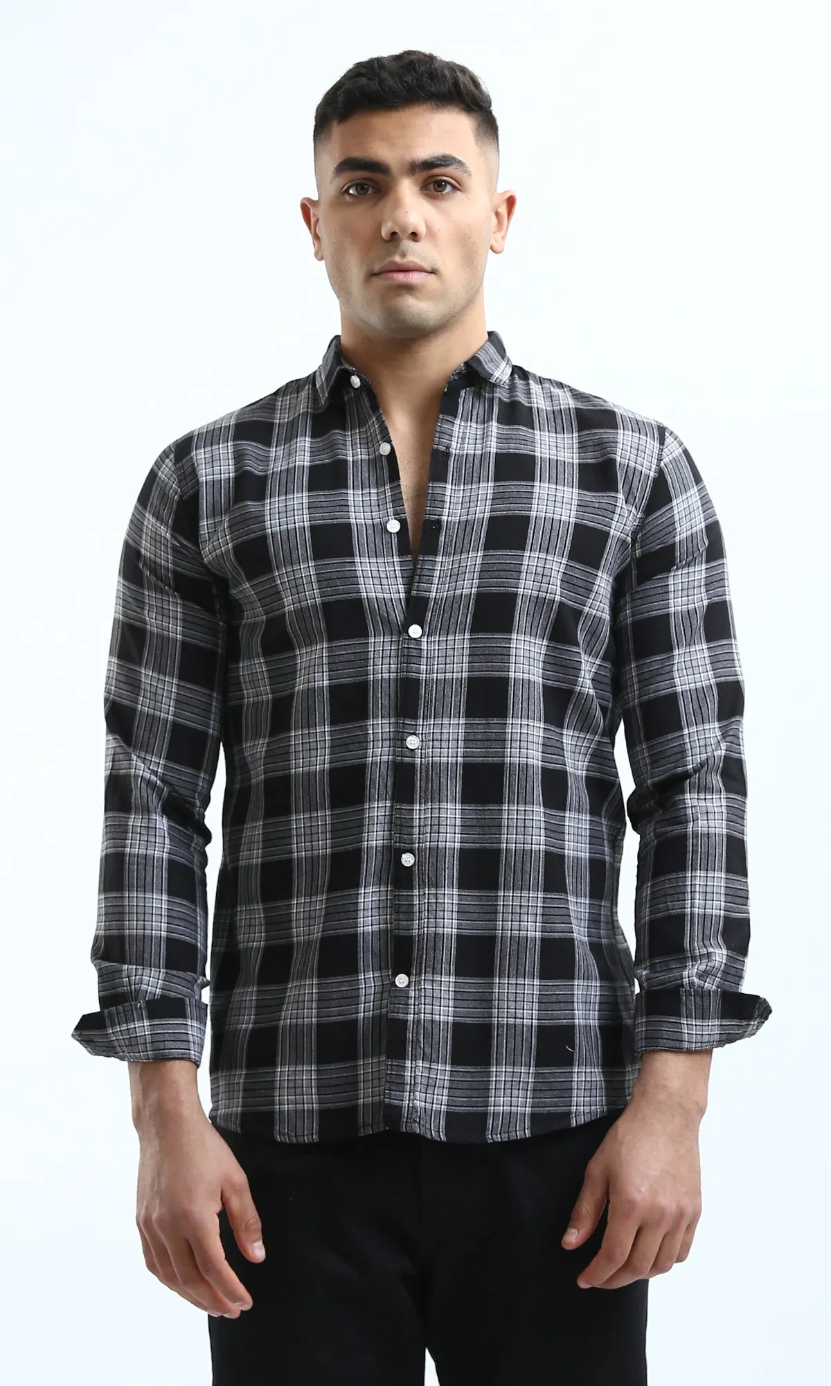 O171277 Black & White Plaids Buttoned Summer Shirt