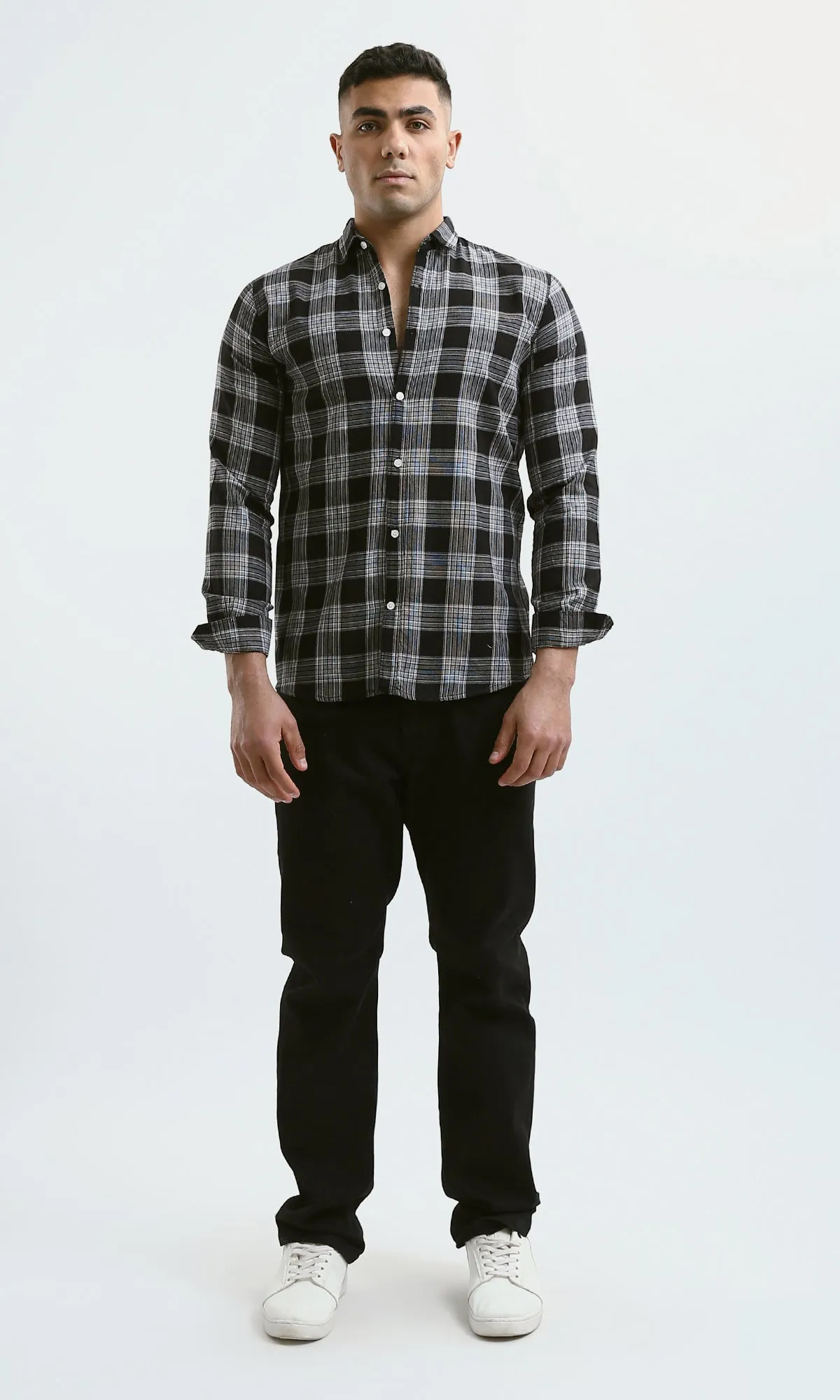 O171277 Black & White Plaids Buttoned Summer Shirt