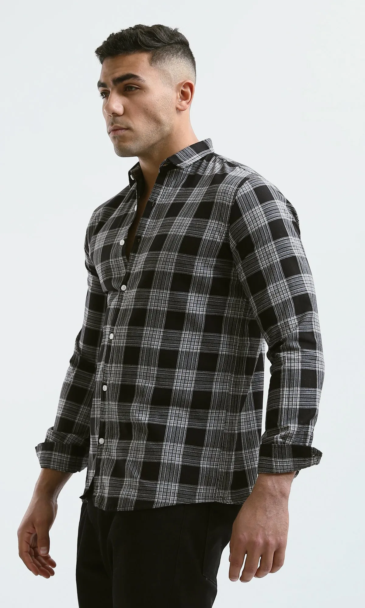 O171277 Black & White Plaids Buttoned Summer Shirt