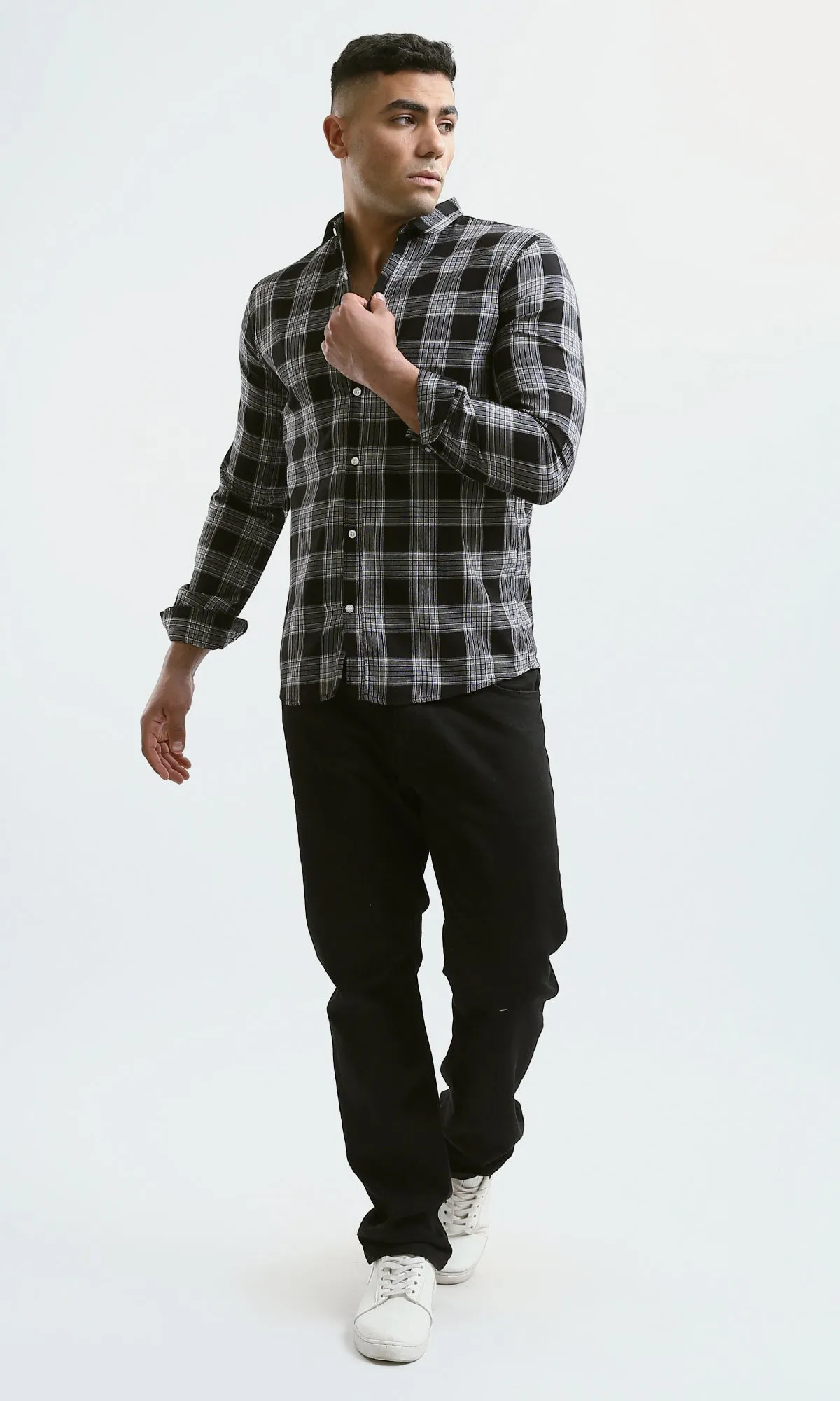 O171277 Black & White Plaids Buttoned Summer Shirt