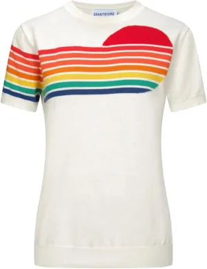 OXKnit Women's 1960s Retro Knit Short Sleeve T-Shirts, Rainbow Crewneck Casual Knit Top