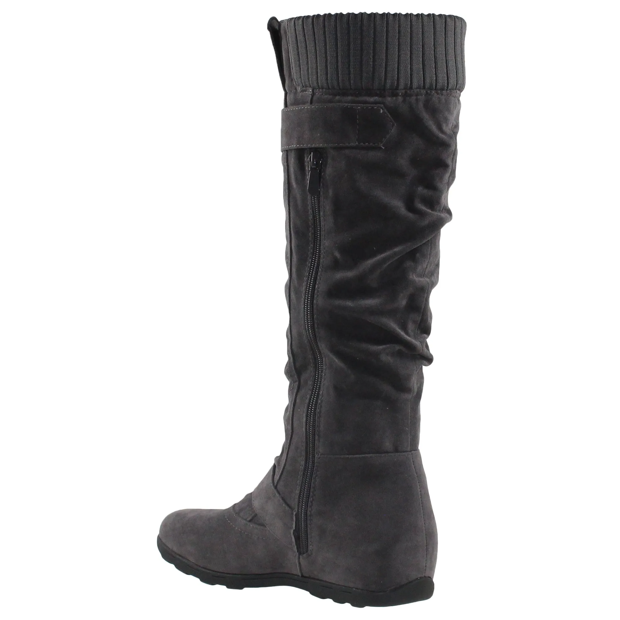 SOBEYO Women's Boots Ruched Knit Cuff Double Straps Buckles Gray Suede