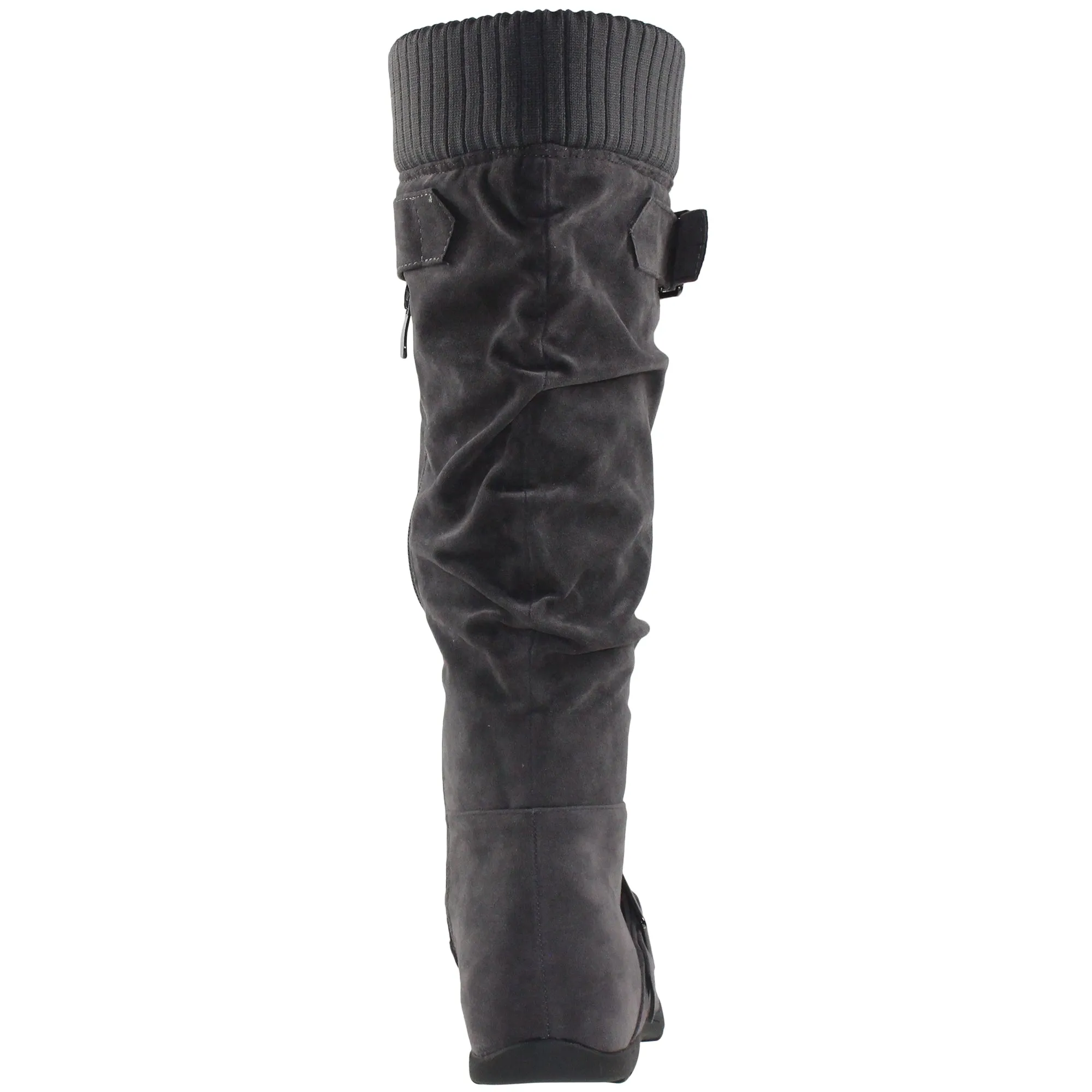 SOBEYO Women's Boots Ruched Knit Cuff Double Straps Buckles Gray Suede