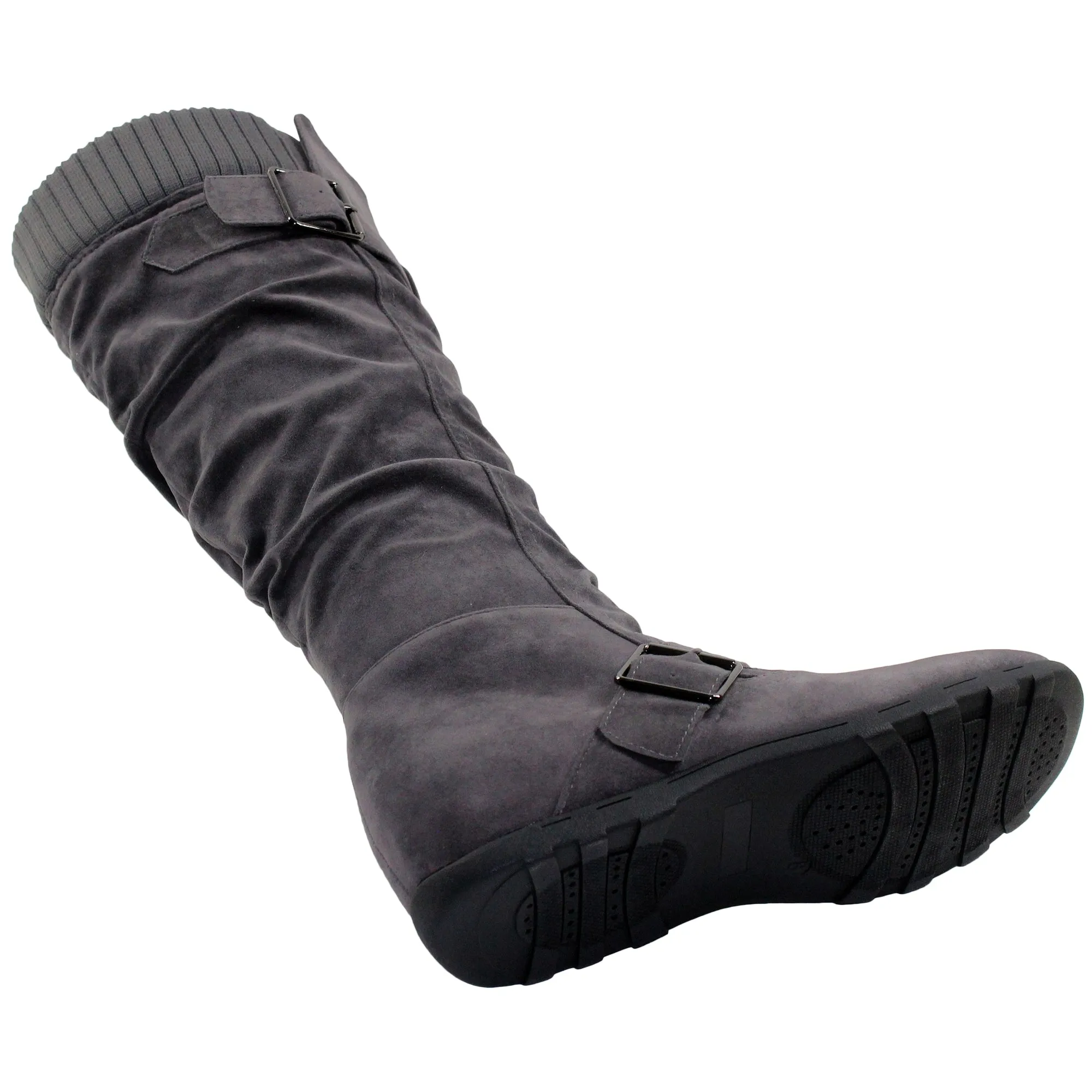 SOBEYO Women's Boots Ruched Knit Cuff Double Straps Buckles Gray Suede