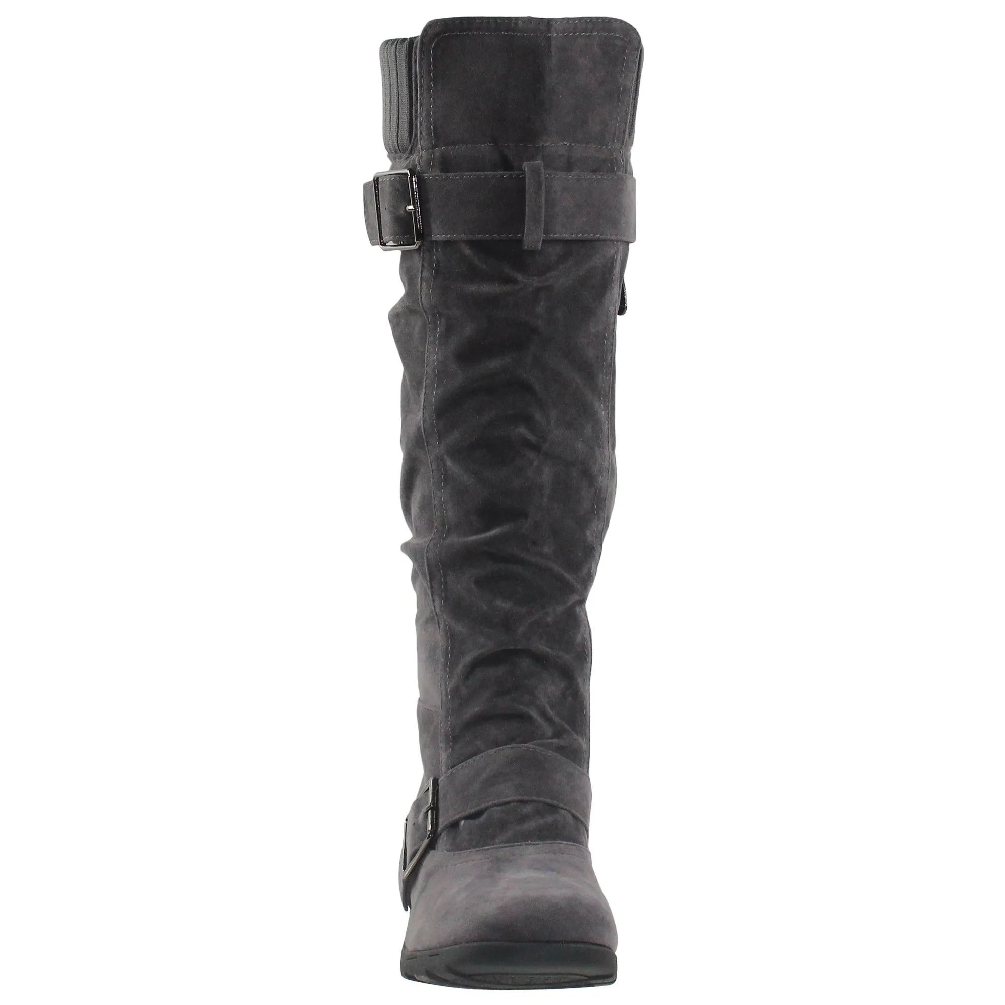 SOBEYO Women's Boots Ruched Knit Cuff Double Straps Buckles Gray Suede