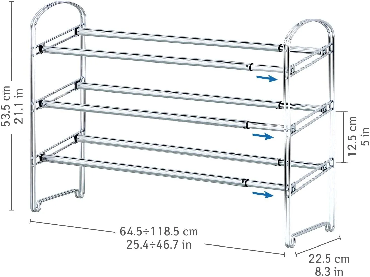 Tatkraft Maestro Heavy Duty 3 Tier Shoe Rack, Expandable Entryway Shoe Organizer, Easy to Assemble, Chrome Plated Steel 3 Tiers