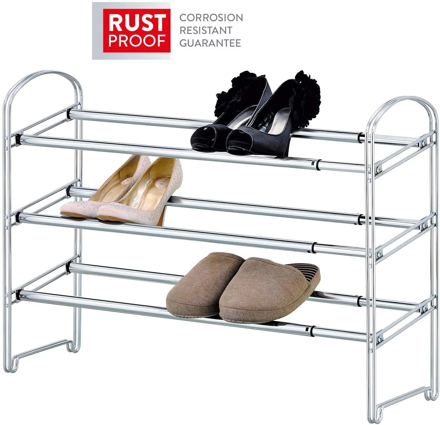 Tatkraft Maestro Heavy Duty 3 Tier Shoe Rack, Expandable Entryway Shoe Organizer, Easy to Assemble, Chrome Plated Steel 3 Tiers
