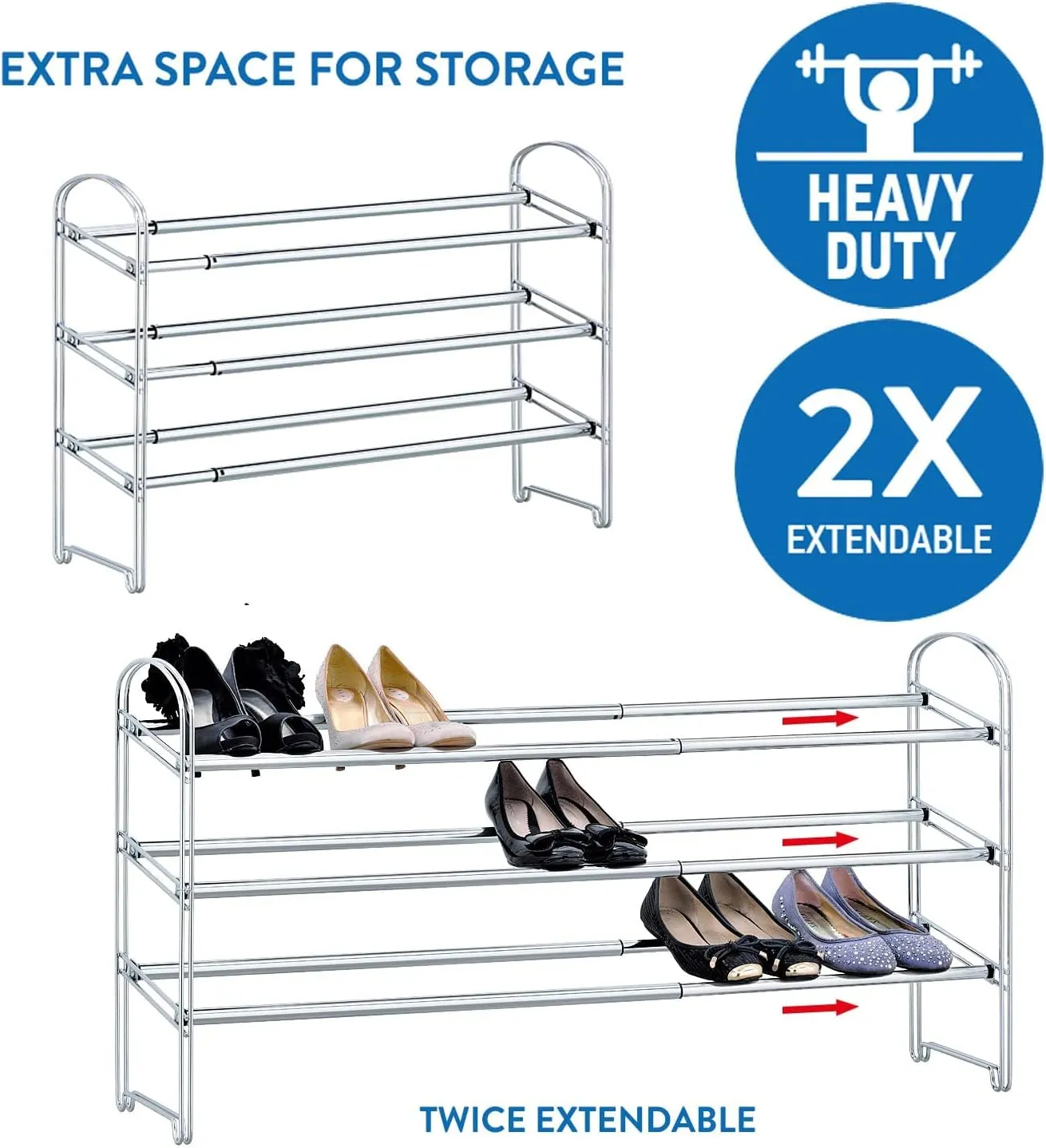 Tatkraft Maestro Heavy Duty 3 Tier Shoe Rack, Expandable Entryway Shoe Organizer, Easy to Assemble, Chrome Plated Steel 3 Tiers