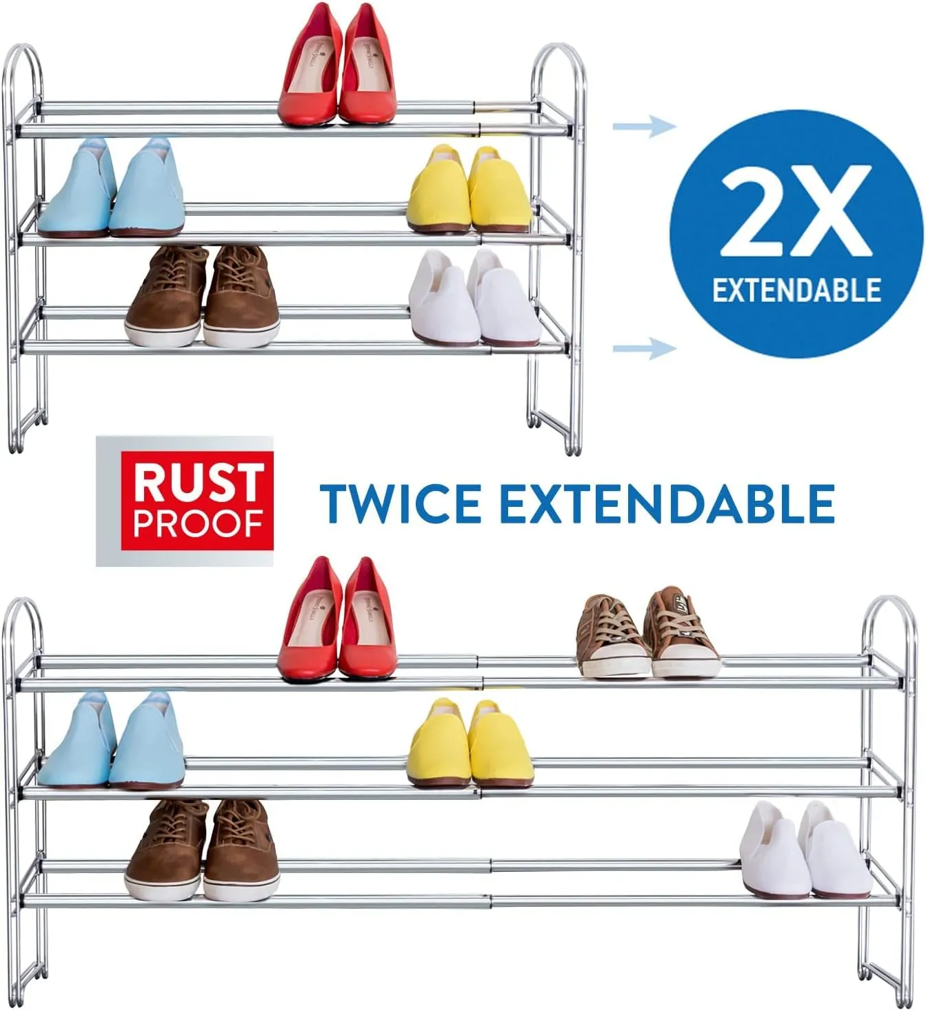 Tatkraft Maestro Heavy Duty 3 Tier Shoe Rack, Expandable Entryway Shoe Organizer, Easy to Assemble, Chrome Plated Steel 3 Tiers