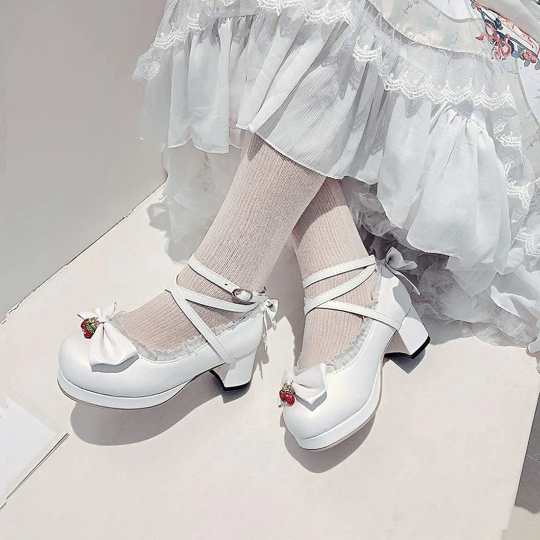 VOKLIN Women's Girls Lolita Mary Jane Shoes Sweet Bow Cross Ankle Strap Platform Mid Heel Oxford Dress Pumps