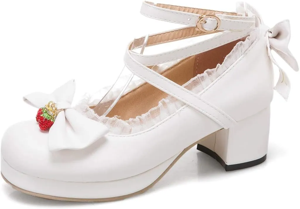 VOKLIN Women's Girls Lolita Mary Jane Shoes Sweet Bow Cross Ankle Strap Platform Mid Heel Oxford Dress Pumps