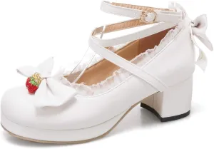VOKLIN Women's Girls Lolita Mary Jane Shoes Sweet Bow Cross Ankle Strap Platform Mid Heel Oxford Dress Pumps